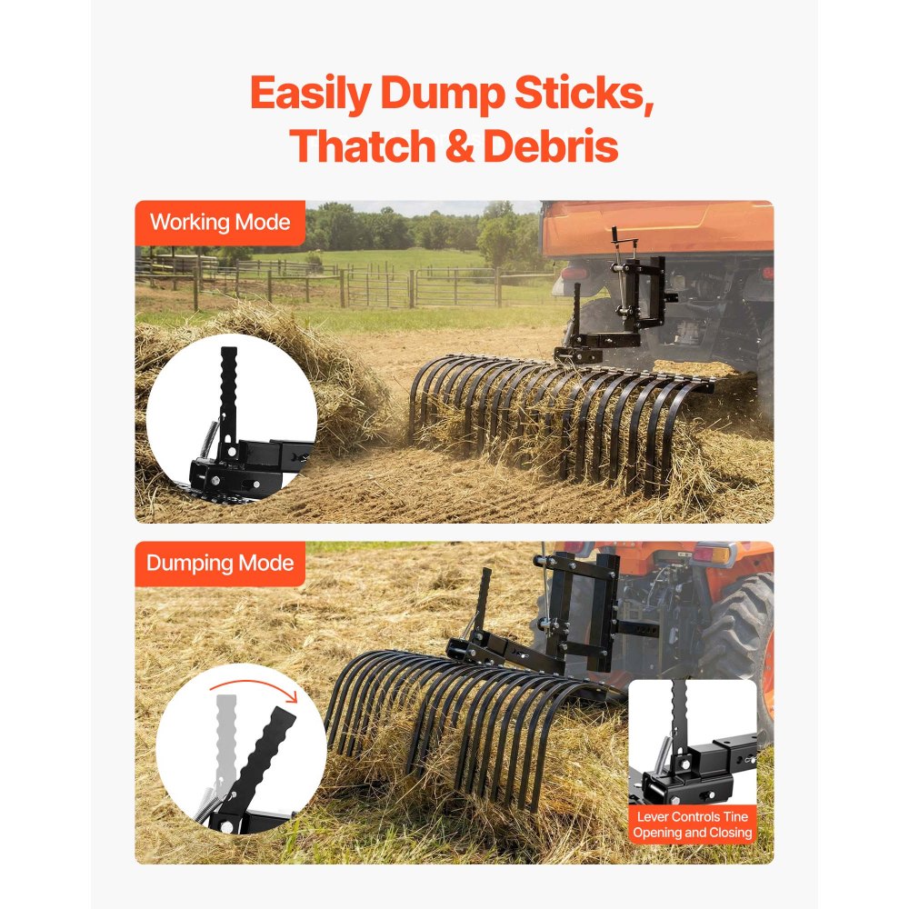 VEVOR 42 in Tow Behind Landscape Rake, 3-Point Lawn Rock Rake with Blade & Lift Lever, Fit Category 1 ATVs UTVs Lawn Tractors, Heavy Duty Dethatcher Rake for Debris Leaves Thatch