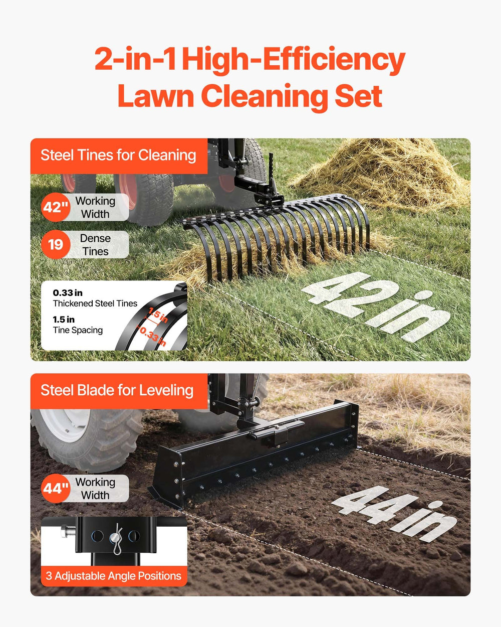 VEVOR 42 in Tow Behind Landscape Rake, 3-Point Lawn Rock Rake with Blade & Lift Lever, Fit Category 1 ATVs UTVs Lawn Tractors, Heavy Duty Dethatcher Rake for Debris Leaves Thatch
