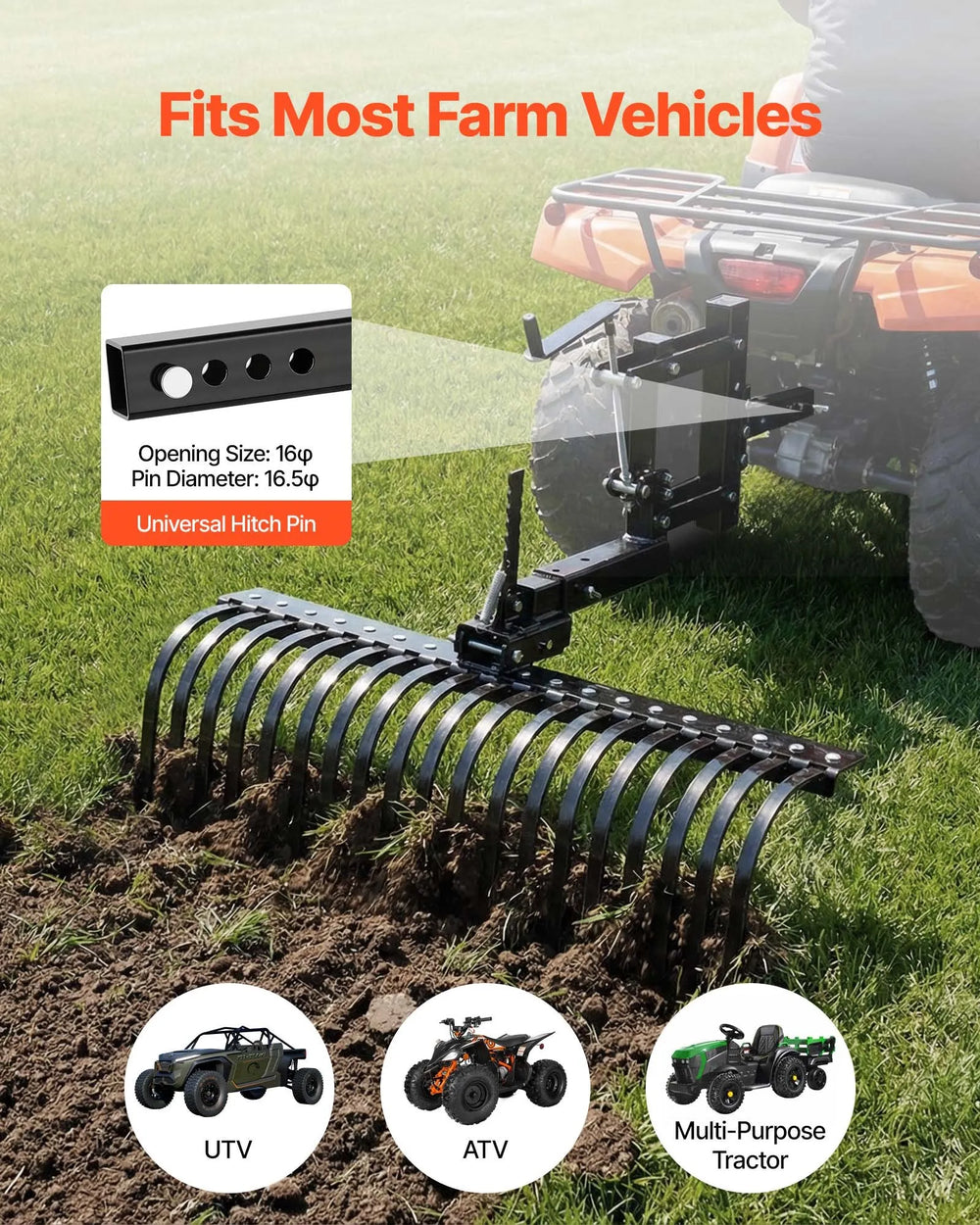 VEVOR 42 in Tow Behind Landscape Rake, 3-Point Lawn Rock Rake with Blade & Lift Lever, Fit Category 1 ATVs UTVs Lawn Tractors, Heavy Duty Dethatcher Rake for Debris Leaves Thatch