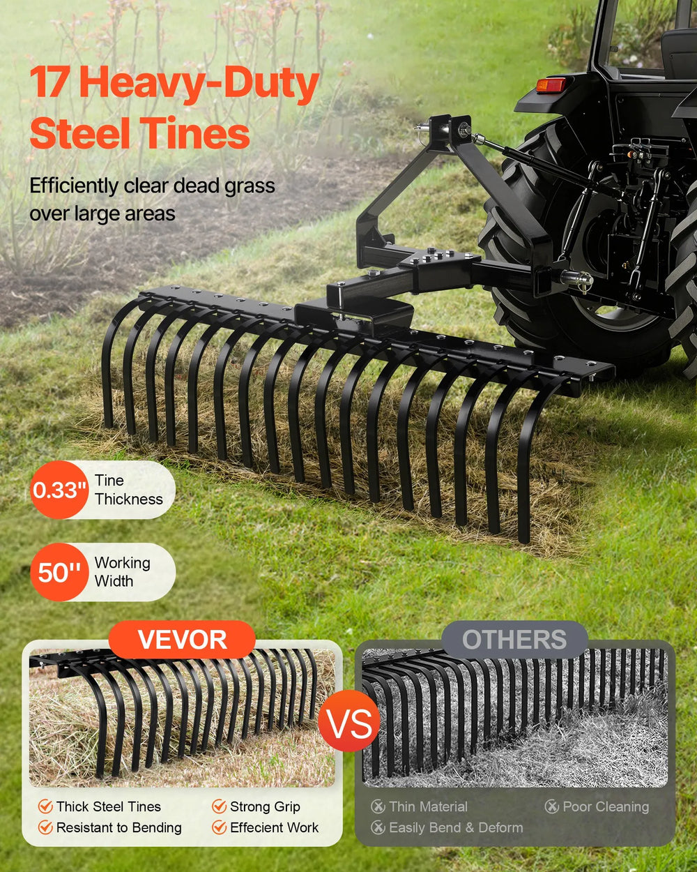 VEVOR 50 in Lanscape Rock Rake, 3-Point Tow Behind Landscape Rake with 17 Steel Tines, Fit Category 1 Tractors, Angle Adjustable, Heavy Duty Lawn Dethatcher Rake for Grass Branch Debris