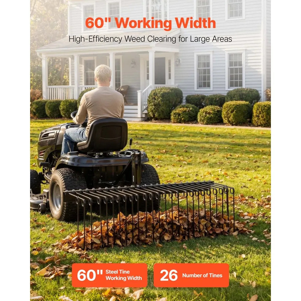 VEVOR 60 in Tow Behind Landscape Rake, 3 Point Hitch Lawn Dethatcher Rake, 26 Spring Steel Tines, for Category 1 Tractors, Heavy Duty & Rust-Resistant Rakes Tractor Attachments for Leaves Pine Needles