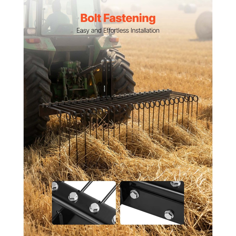 VEVOR 60 in Tow Behind Landscape Rake, 3 Point Hitch Lawn Dethatcher Rake, 26 Spring Steel Tines, for Category 1 Tractors, Heavy Duty & Rust-Resistant Rakes Tractor Attachments for Leaves Pine Needles