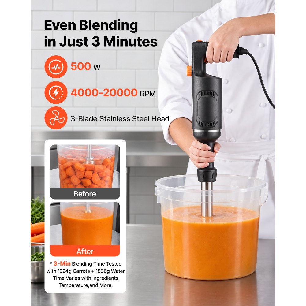 VEVOR Commercial Immersion Blender, 500W, 12-inch, Heavy-Duty Hand Mixer for Restaurant, Handheld Stick for Soups & Sauces, Pure-Copper Motor, Variable Speed, Stainless Steel 3-Blade Head, Lock