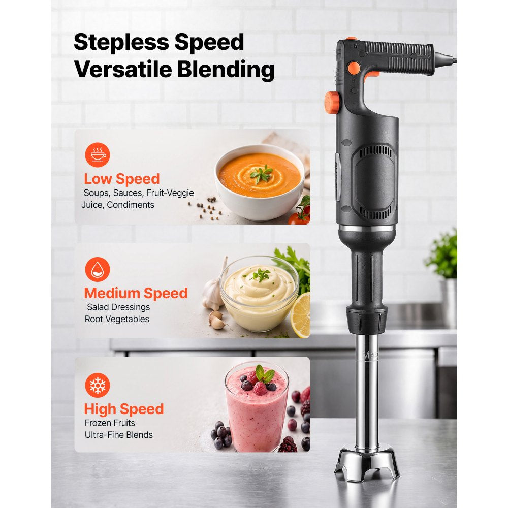 VEVOR Commercial Immersion Blender, 500W, 10-inch, Heavy-Duty Hand Mixer for Restaurant, Handheld Stick for Soups & Sauces, Pure-Copper Motor, Variable Speed, Stainless Steel 3-Blade Head, Lock