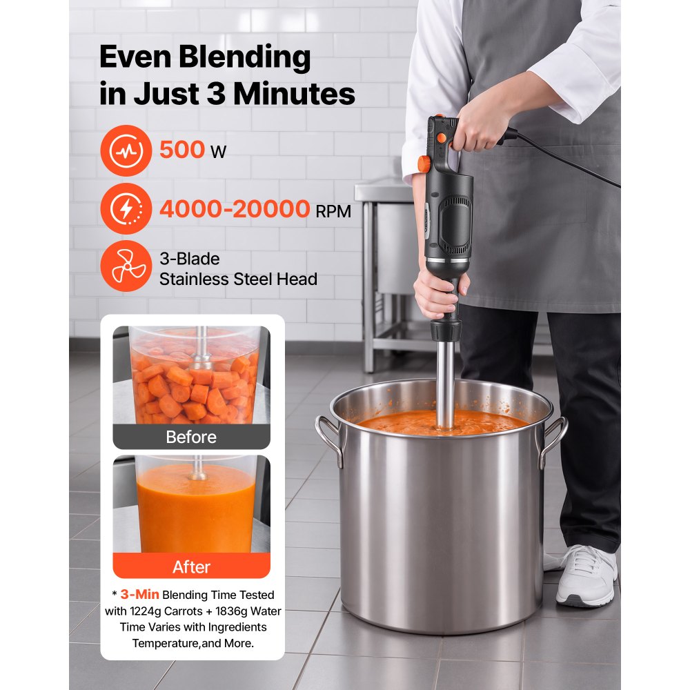VEVOR Commercial Immersion Blender, 500W, 16-inch, Heavy-Duty Hand Mixer for Restaurant, Handheld Stick for Soups & Sauces, Pure-Copper Motor, Variable Speed, Stainless Steel 3-Blade Head, Lock