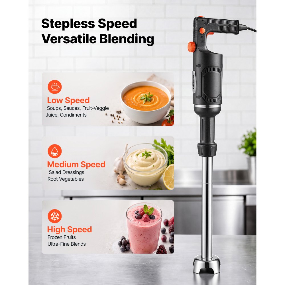 VEVOR Commercial Immersion Blender, 500W, 16-inch, Heavy-Duty Hand Mixer for Restaurant, Handheld Stick for Soups & Sauces, Pure-Copper Motor, Variable Speed, Stainless Steel 3-Blade Head, Lock