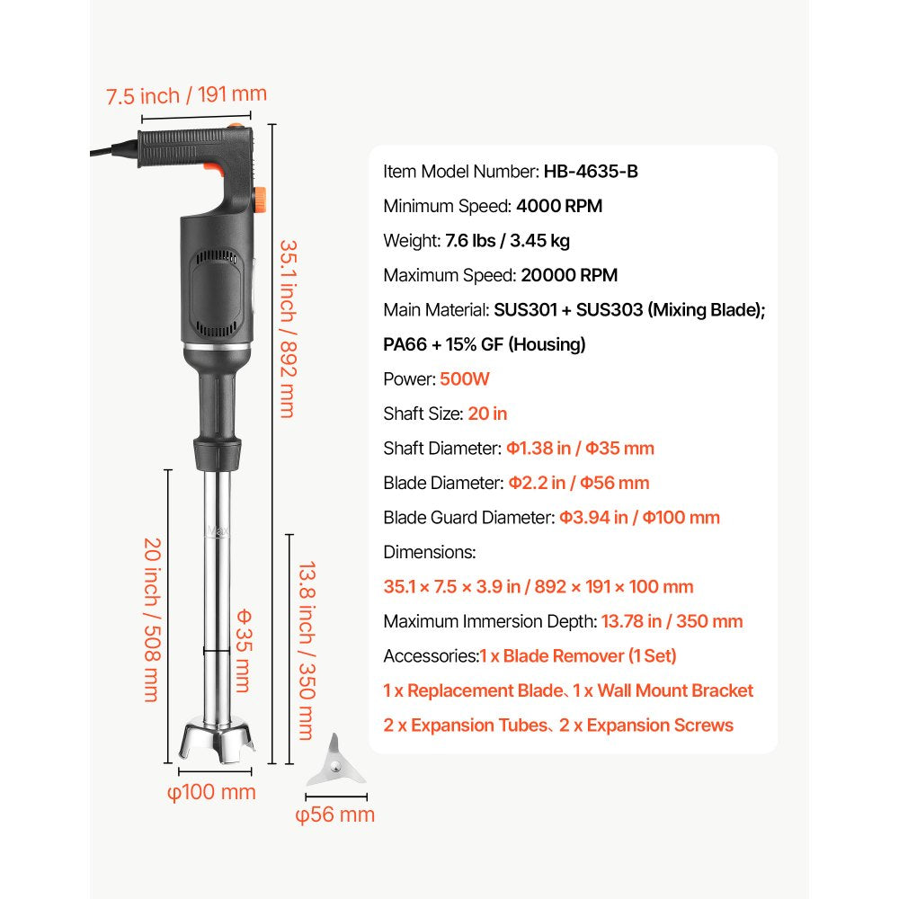 VEVOR Commercial Immersion Blender, 500W, 20-inch, Heavy-Duty Hand Mixer for Restaurant, Handheld Stick for Soups & Sauces, Pure-Copper Motor, Variable Speed, Stainless Steel 3-Blade Head, Lock