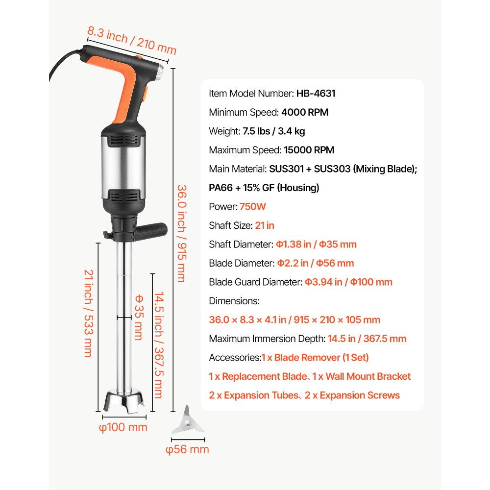 VEVOR Commercial Immersion Blender, 750W, 21-inch, Heavy-Duty Hand Mixer for Restaurant, Handheld Stick for Soups & Sauces, Pure-Copper Motor, Variable Speed, Stainless Steel 3-Blade Head, Handle
