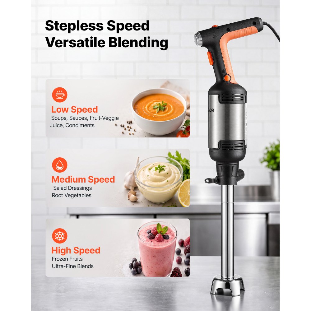 VEVOR Commercial Immersion Blender, 750W, 14-inch, Heavy-Duty Hand Mixer for Restaurant, Handheld Stick for Soups & Sauces, Pure-Copper Motor, Variable Speed, Stainless Steel 3-Blade Head, Handle