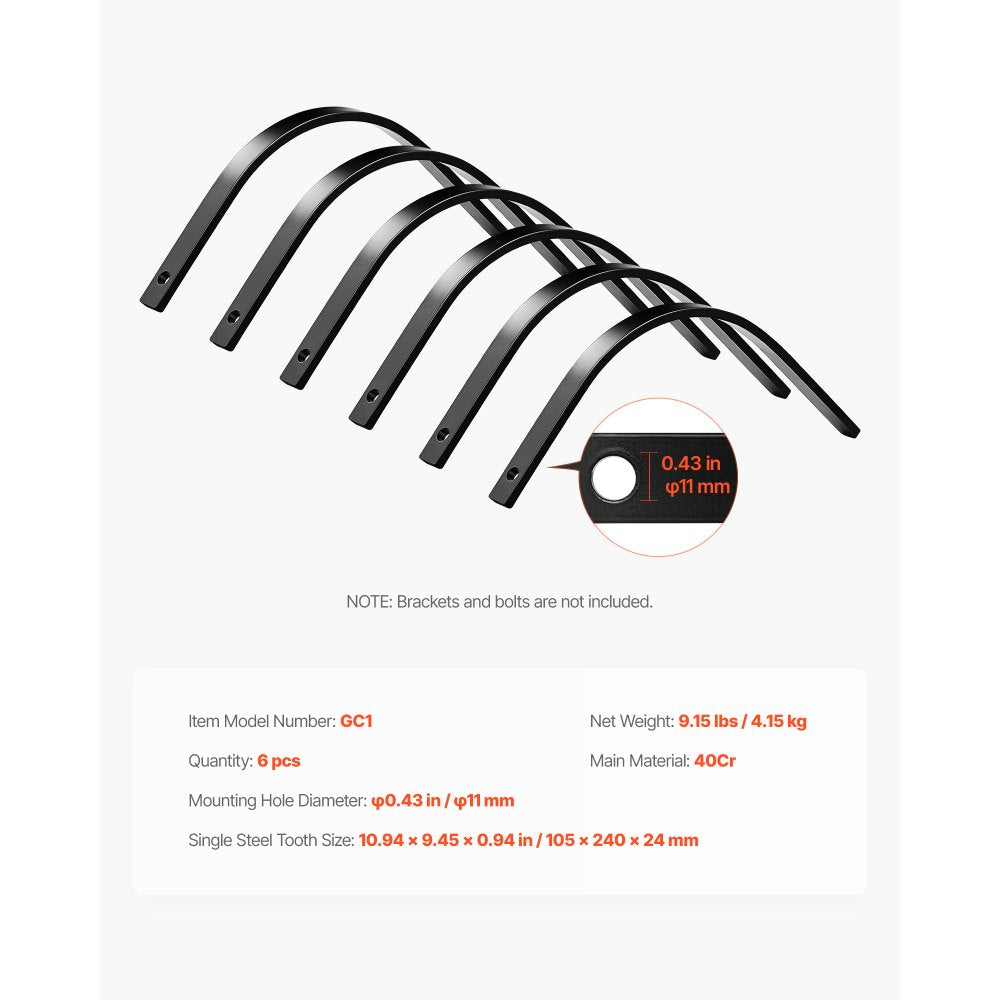 VEVOR Rock Rake Tines, 6 Pack 1" x 5/16" Bolt-Mount Landscape Rake Tines Replacement, One Bolt Hole, High-strength & Heat-treated Steel Gravel Rakes Tine Replacement Parts