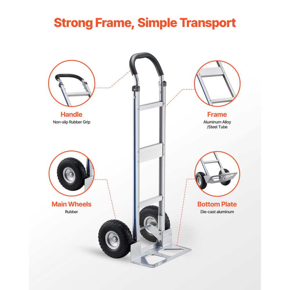 VEVOR Hand Truck, 500 lbs Load Capacity, Heavy-Duty Hand Truck Dolly with Non-Slip Wheels & Handle, Aluminum Alloy Portable Trolley Dolly with Tie-down Strap for Moving Home, Office, Warehouse
