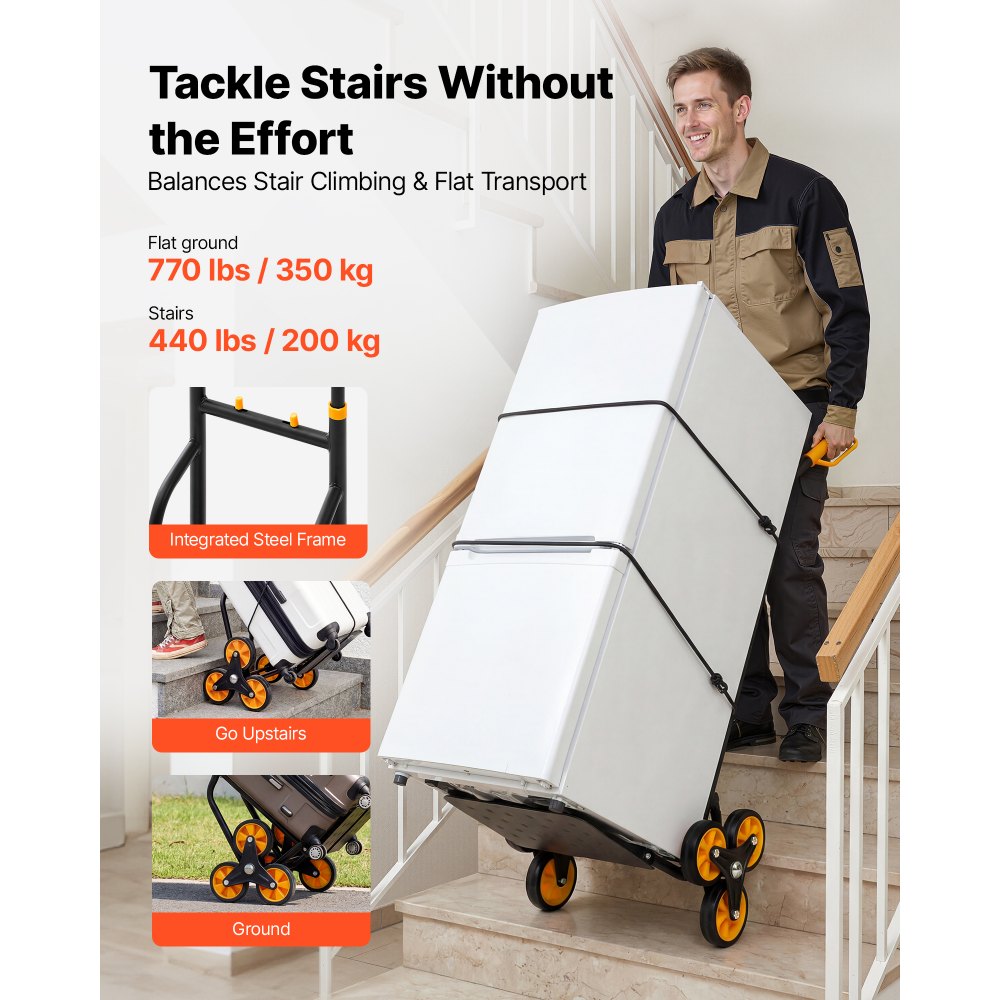 VEVOR Stair Climbing Cart, 440 lbs Stair-Climbing Capacity, Heavy-Duty Folding Trolley Cart with Telescoping Handle, 6 Wheels and 2 Bungee Cords, Stair Climber Dolly for Home, Groceries, Warehouse