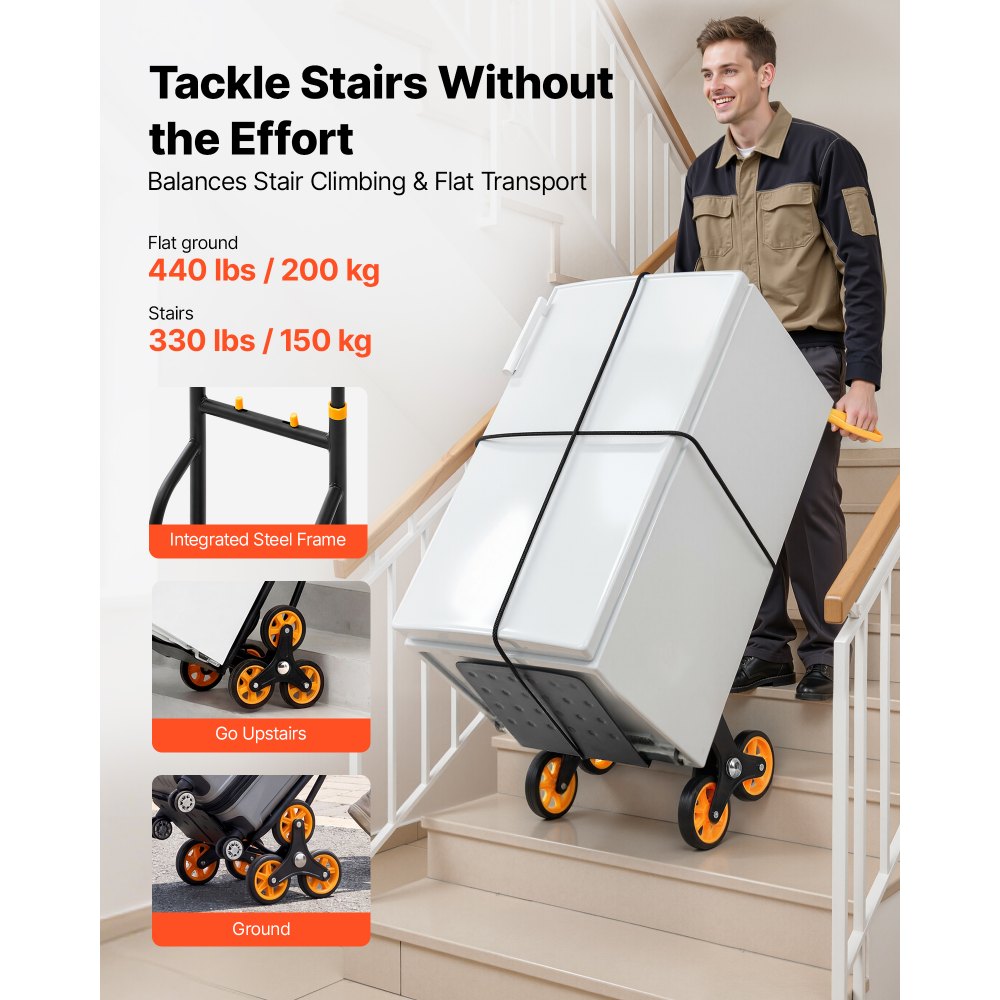 VEVOR Stair Climbing Cart, 330 lbs Stair-Climbing Capacity, Heavy-Duty Folding Trolley Cart with Telescoping Handle, 6 Wheels and 2 Bungee Cords, Stair Climber Dolly for Home, Groceries, Warehouse