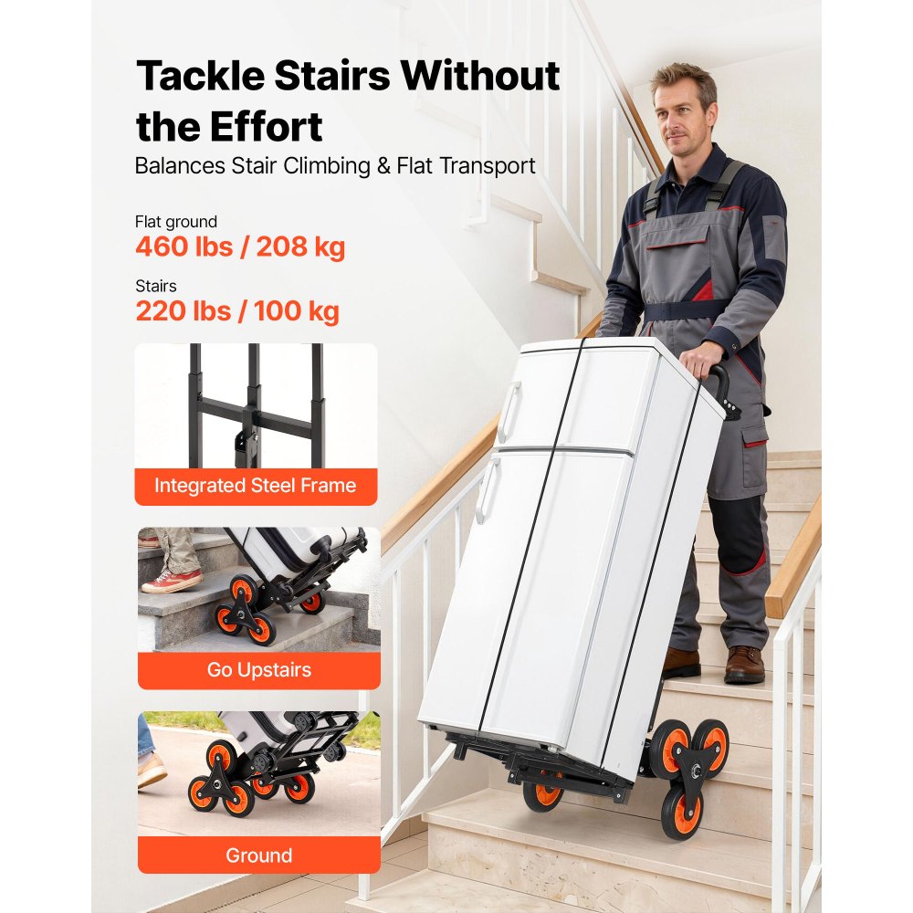 VEVOR Stair Climbing Cart, 220 lbs Stair-Climbing Capacity, Heavy-Duty Folding Trolley Cart with Telescoping Handle, 6 Wheels and 2 Bungee Cords, Stair Climber Dolly for Home, Groceries, Warehouse