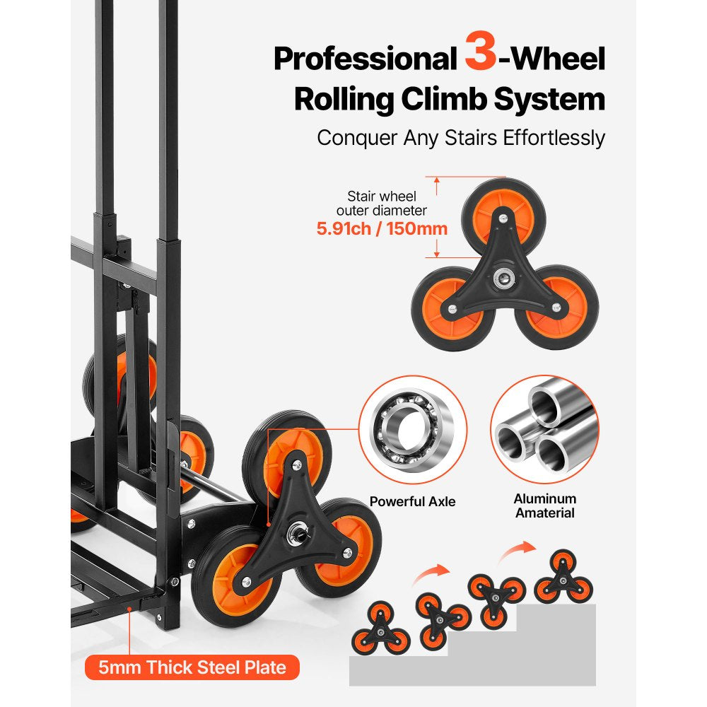 VEVOR Stair Climbing Cart, 220 lbs Stair-Climbing Capacity, Heavy-Duty Folding Trolley Cart with Telescoping Handle, 6 Wheels and 2 Bungee Cords, Stair Climber Dolly for Home, Groceries, Warehouse