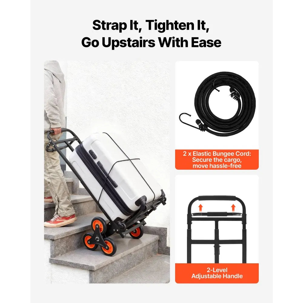 VEVOR Stair Climbing Cart, 220 lbs Stair-Climbing Capacity, Heavy-Duty Folding Trolley Cart with Telescoping Handle, 6 Wheels and 2 Bungee Cords, Stair Climber Dolly for Home, Groceries, Warehouse