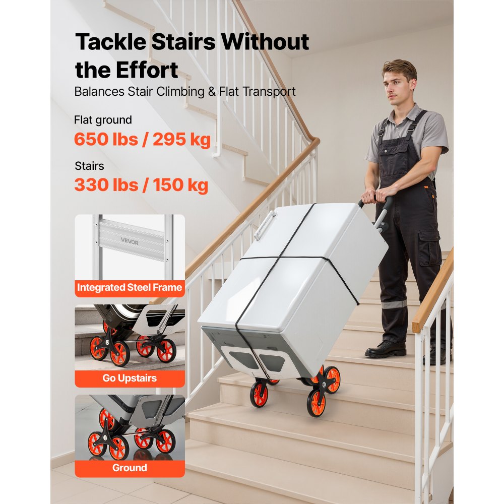 VEVOR Stair Climbing Cart, 330 lbs Stair-Climb Capacity, Aluminum Alloy Folding Trolley Cart with Telescoping Handle, 6 Wheels and 2 Bungee Cords, Stair Climber Dolly for Home, Groceries, Warehouse