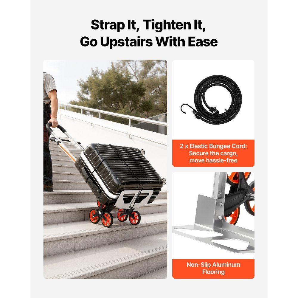 VEVOR Stair Climbing Cart, 330 lbs Stair-Climb Capacity, Aluminum Alloy Folding Trolley Cart with Telescoping Handle, 6 Wheels and 2 Bungee Cords, Stair Climber Dolly for Home, Groceries, Warehouse