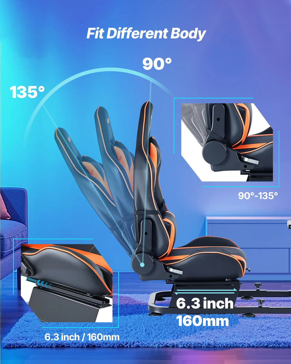 VEVOR racing cockpit seat - backrest 90 to 135 degrees and slide adjustment