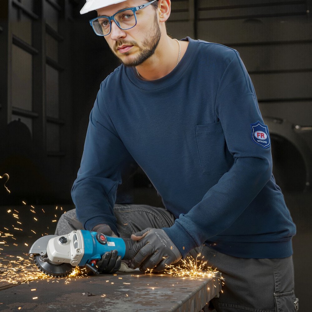 VEVOR FR Shirts, Flame Resistant Long Sleeve Clothing Lightweight 7 oz Breathable Cotton, Men's Fire Retardant Work Shirt with Pre-shrink Treatment & Pocket, for Welders,Electricians,Navy Blue L
