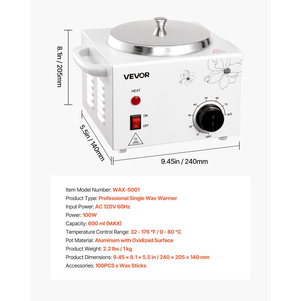 VEVOR Single Wax Warmer, 600ML Professional Wax Warmer for Hair Removal, 32 ℉ to 176℉ Adjustable Electric Waxing Heater Pot with 100PCS Waxing Sticks for Home Use, Beauty Salon, Spa