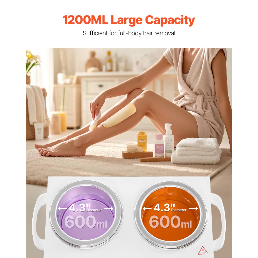 VEVOR Double Wax Warmer, 1200ML Professional Dual Wax Warmer for Hair Removal, 32 ℉ - 212℉ Adjustable Electric Waxing Heater Pot with 50PCS Waxing Sticks for Home Use, Beauty Salon, Spa