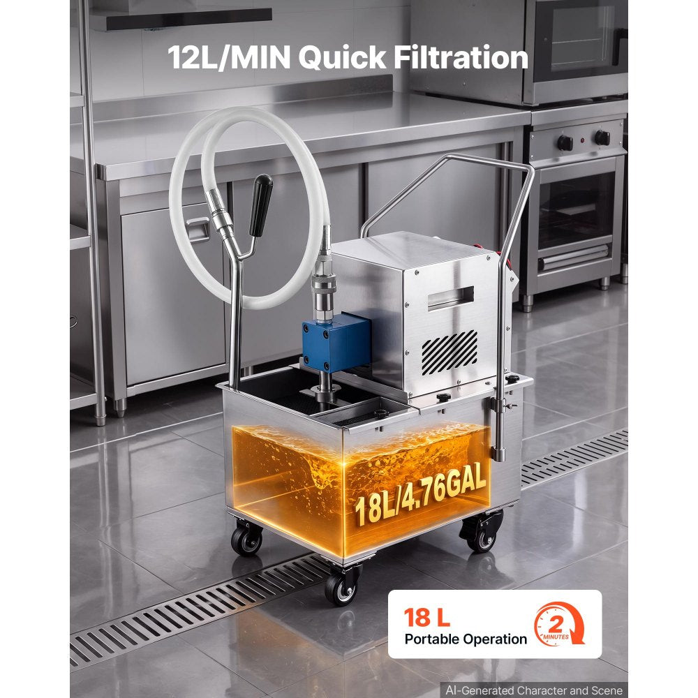 VEVOR Commercial Mobile Fryer Filter Machine 18L /4.8Gal Filter Truck Cart, 370W Deep Frying Oil Filtration System, Stainless Steel, 12 L/min Filtering Speed, for Restaurant, Kitchen, Burger Shop