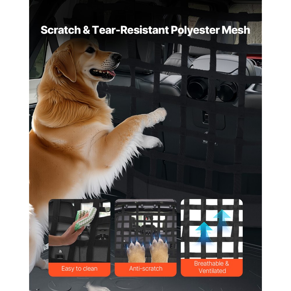 VEVOR Dog Car Barrier, Mesh Cargo Pet Net for Jeep Wrangler JK 2007-2017 JL 20018-2024, Vehicle Pet Barrier Fits Behind Rear Seat Cargo Area, Scratch and Tear-Resistant Polyester Mesh, Easy to Install