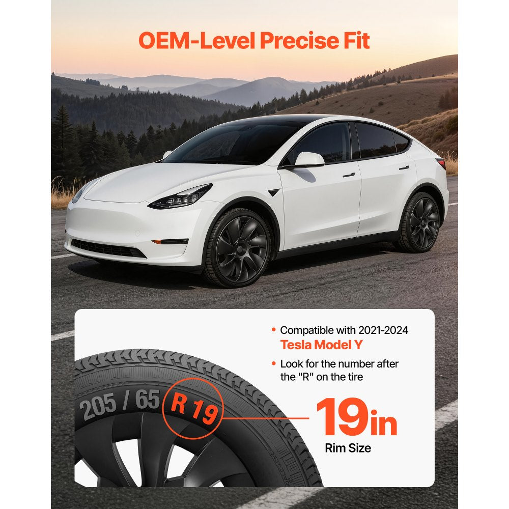 VEVOR Hubcaps Wheel Covers for 2021-2024 Tesla Model Y, 19 Inch Set of 4 Wheel Rim Cover Hubcaps OEM Style Replacement, R19 Size Snap On Car Hub Caps, Premium 7-Spoke ABS Tire Rim Caps, Matte Black