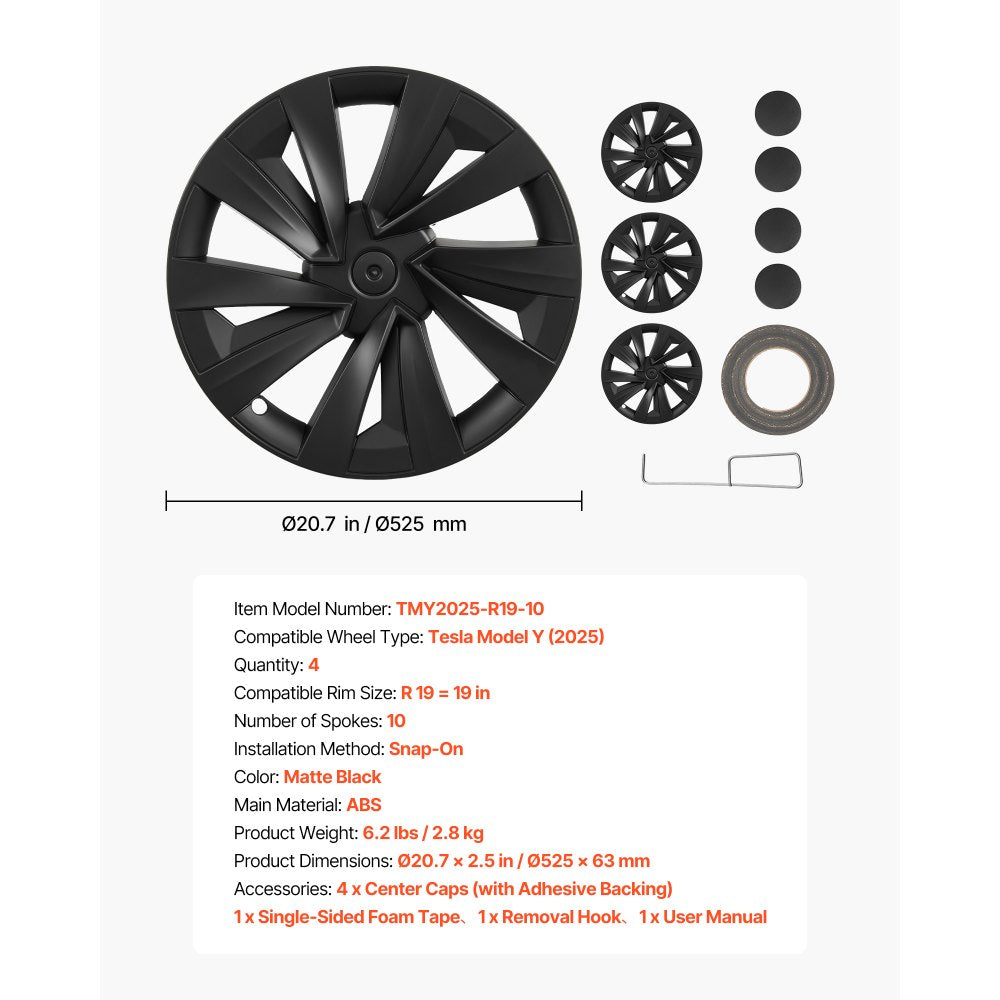 VEVOR Hubcaps Wheel Covers for 2025 Tesla Model Y, 19 Inch Set of 4 Wheel Rim Cover Hubcaps OEM Style Replacement, R19 Size Snap On Car Hub Caps, Premium Sturdy 10-Spoke ABS Tire Rim Caps, Matte Black