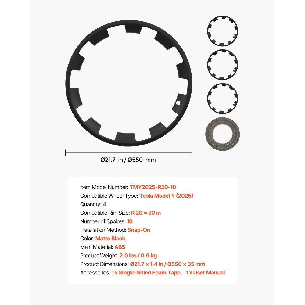 VEVOR Hubcaps Wheel Covers for 2025 Tesla Model Y, 20 Inch Set of 4 Wheel Rim Cover Hubcaps OEM Style Replacement, R20 Size Snap On Car Hub Caps, Premium Sturdy 10-Spoke ABS Tire Rim Caps, Matte Black