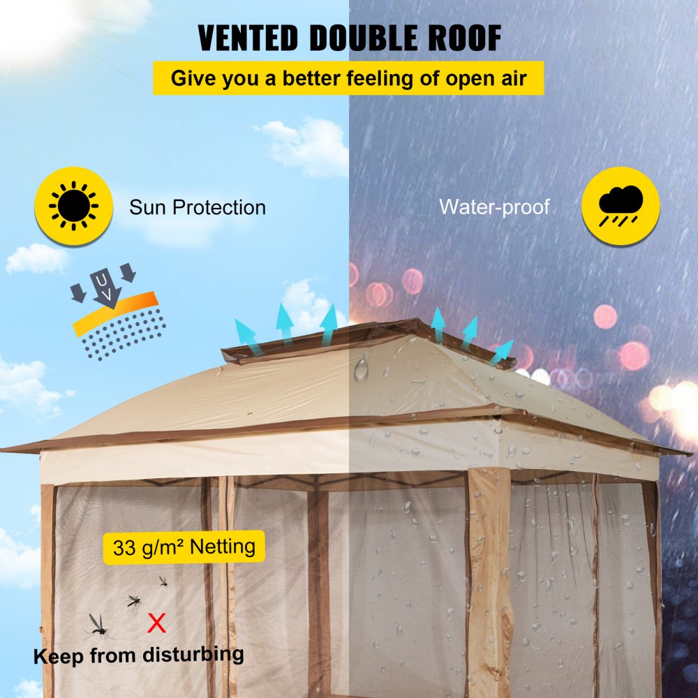 VEVOR Outdoor Canopy Gazebo Tent, Portable Canopy Shelter with 11'x11' Large Shade Space for Party, Backyard, Patio Lawn and Garden, 4 Sandbags, Carrying Bag and Netting Included, Brown