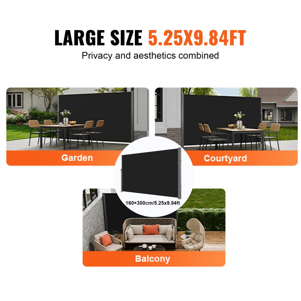 VEVOR Retractable Side Awning, 63''x 118'' Aluminum Outdoor Privacy Screen, 280g Polyester Water-proof Retractable Patio Screen, UV 30+ Room Divider Wind Screen for Patio, Backyard, Balcony, Black