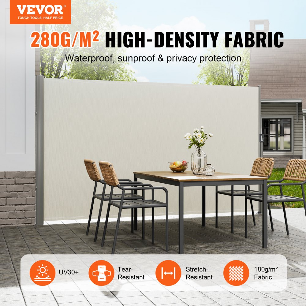 VEVOR Retractable Side Awning, 63''x 118'' Aluminum Outdoor Privacy Screen, 280g Polyester Water-proof Retractable Patio Screen, UV 30+ Room Divider Wind Screen for Patio, Backyard, Balcony, Beige