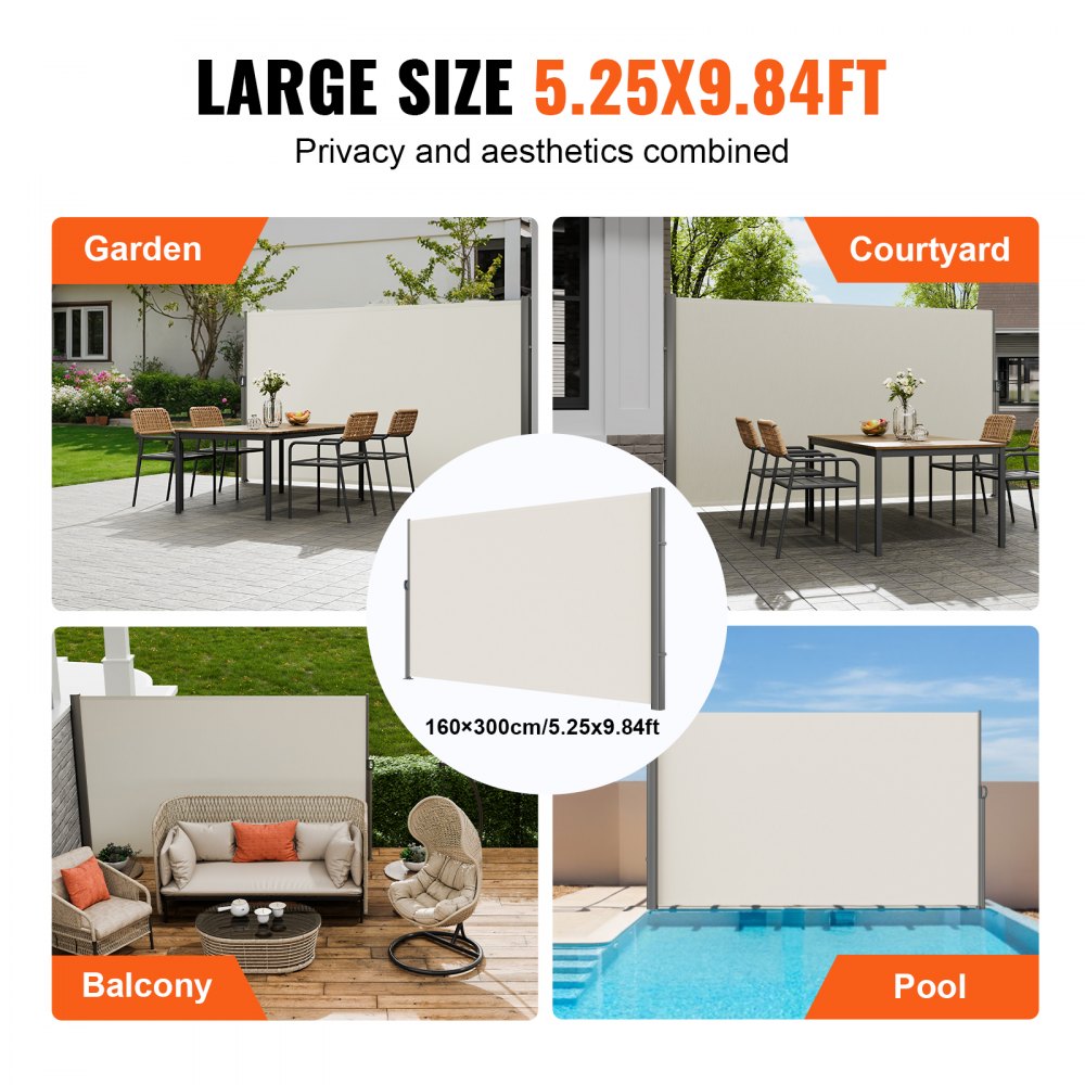 VEVOR Retractable Side Awning, 63''x 118'' Aluminum Outdoor Privacy Screen, 280g Polyester Water-proof Retractable Patio Screen, UV 30+ Room Divider Wind Screen for Patio, Backyard, Balcony, Beige