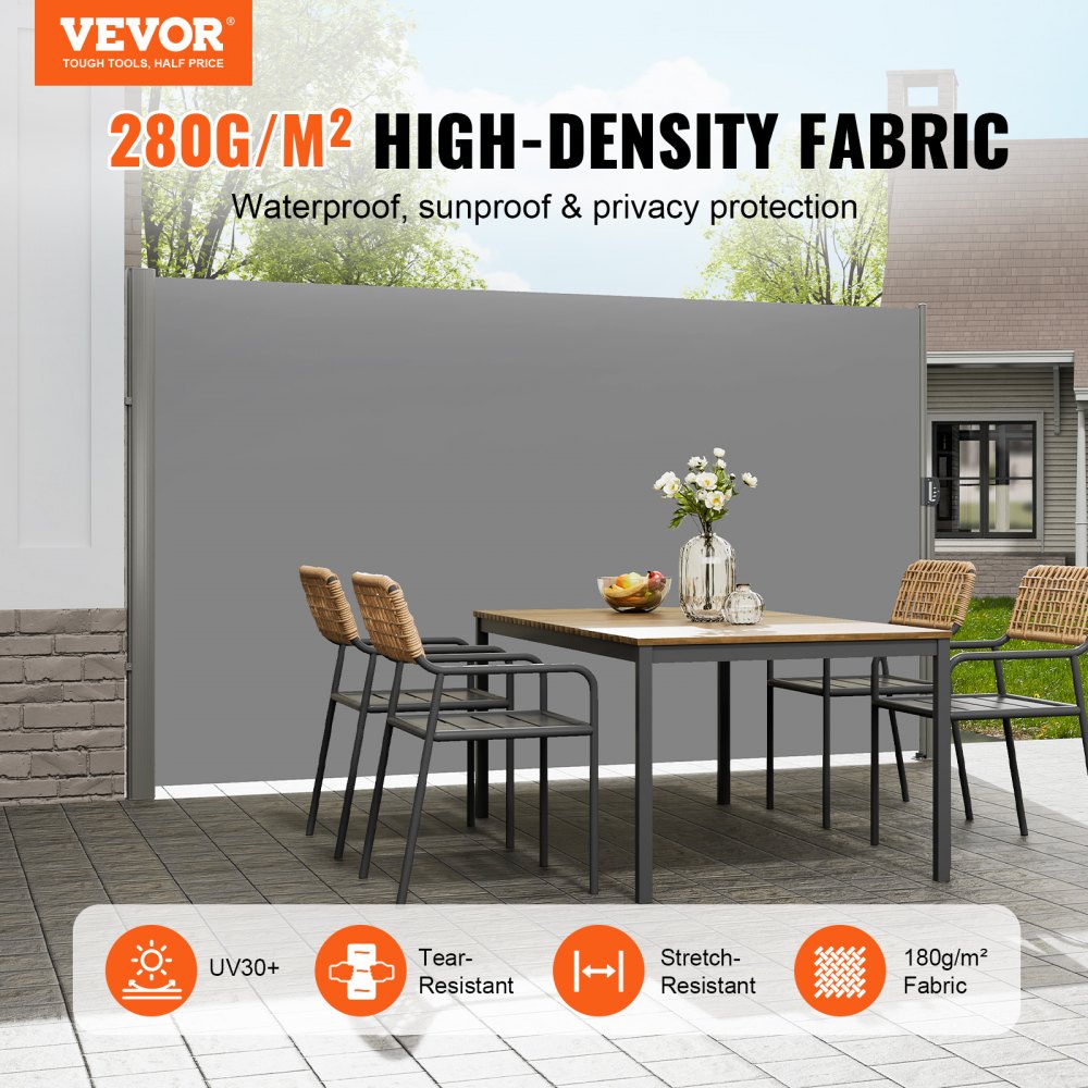 VEVOR Retractable Side Awning, 71''x 118'' Aluminum Outdoor Privacy Screen, 280g Polyester Water-proof Retractable Patio Screen, UV 30+ Room Divider Wind Screen for Patio, Backyard, Balcony, Gray