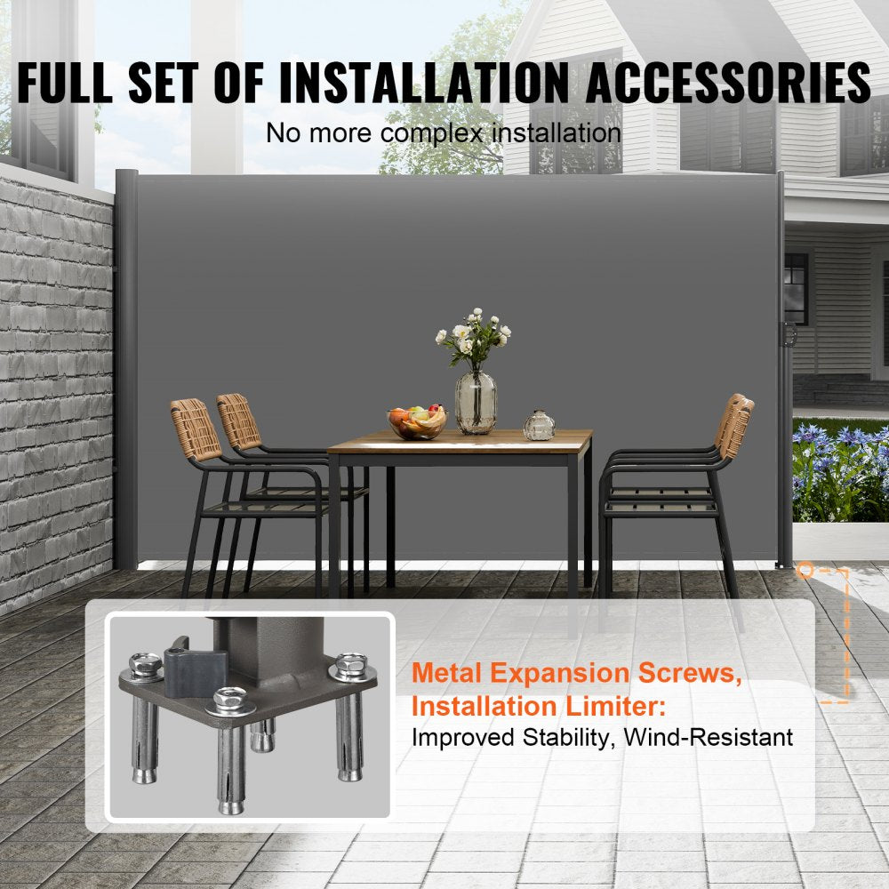 VEVOR Retractable Side Awning, 71''x 118'' Aluminum Outdoor Privacy Screen, 280g Polyester Water-proof Retractable Patio Screen, UV 30+ Room Divider Wind Screen for Patio, Backyard, Balcony, Gray