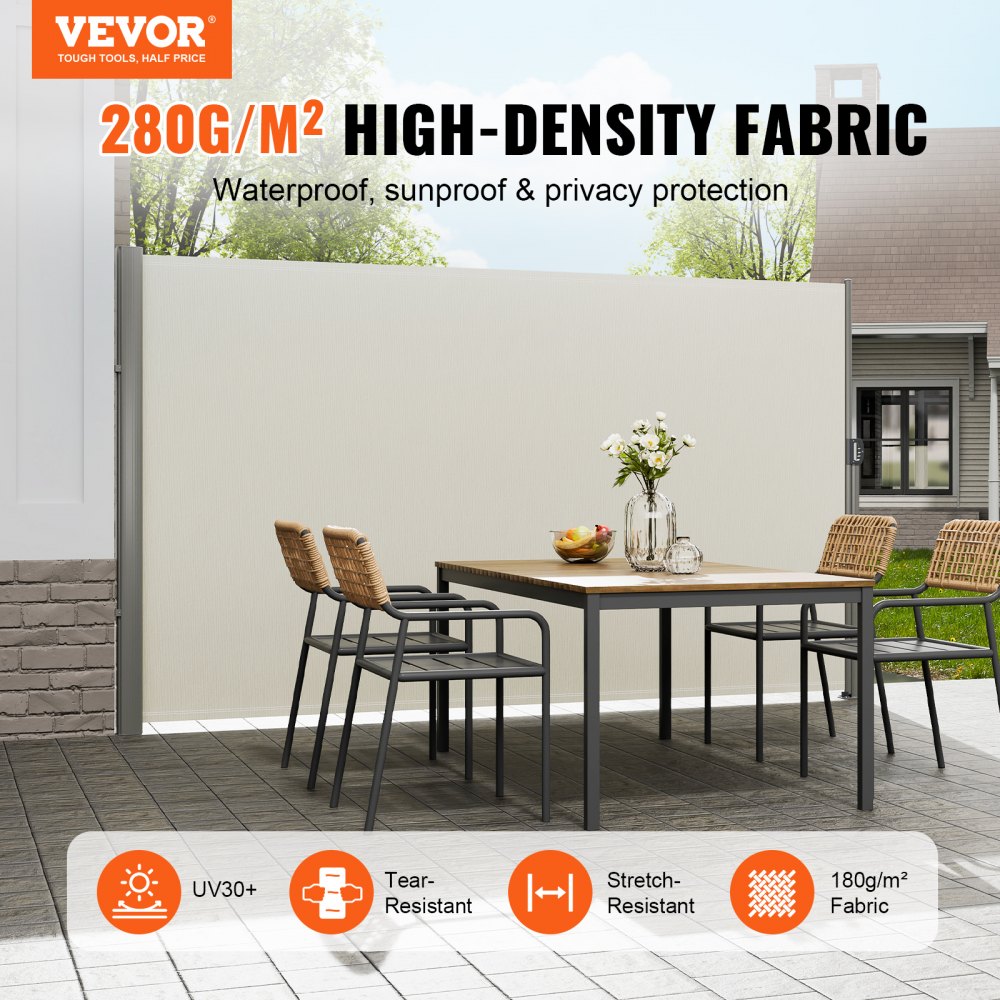 VEVOR Retractable Side Awning, 71''x 118'' Aluminum Outdoor Privacy Screen, 280g Polyester Water-proof Retractable Patio Screen, UV 30+ Room Divider Wind Screen for Patio, Backyard, Balcony, Beige