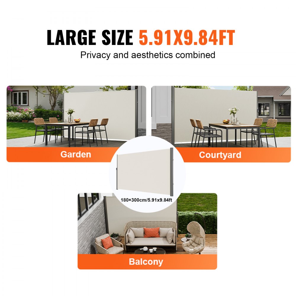 VEVOR Retractable Side Awning, 71''x 118'' Aluminum Outdoor Privacy Screen, 280g Polyester Water-proof Retractable Patio Screen, UV 30+ Room Divider Wind Screen for Patio, Backyard, Balcony, Beige