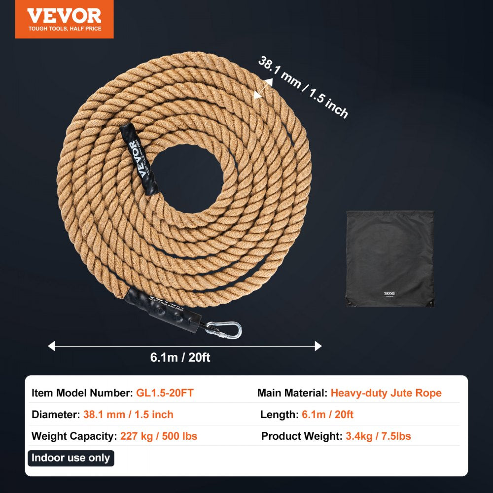 VEVOR Gym Climbing Rope, 1.5" Diameter 20 ft Length Gym Fitness Training Rope, Gym Exercise Workout Rope for Adults, Climbing Rope for Fitness and Strength Training, Climbing Exercise, Home Workout