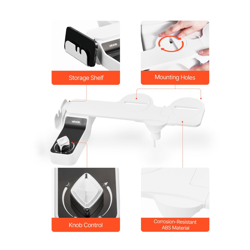 VEVOR Bidet Attachment for Toilet, 0.3" Ultra Thin Bidet Toilet Seat Attachment - Dual Retractable Nozzles, Adjustable Water Pressure, Non-Electric Cold Water Sprayer for Front Rear Water Wash, White