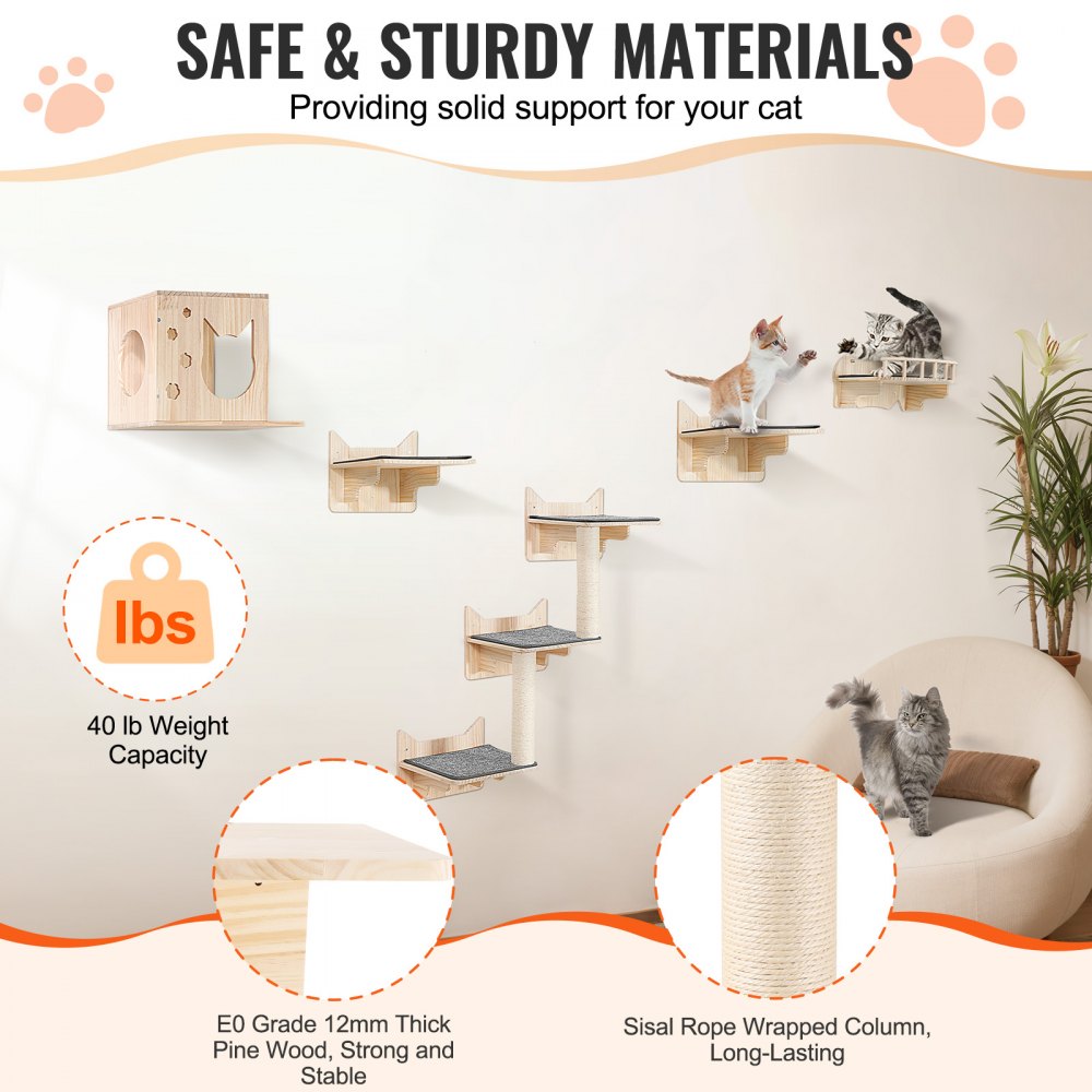VEVOR Wall Mounted Cat Shelves, Cat Wall Shelves and Perches with Jumping Boards, Nest, Barrier Board & Cat Tree, Cat Floating Furniture up to 40 lbs for Sleeping, Playing, Climbing, Set of 5