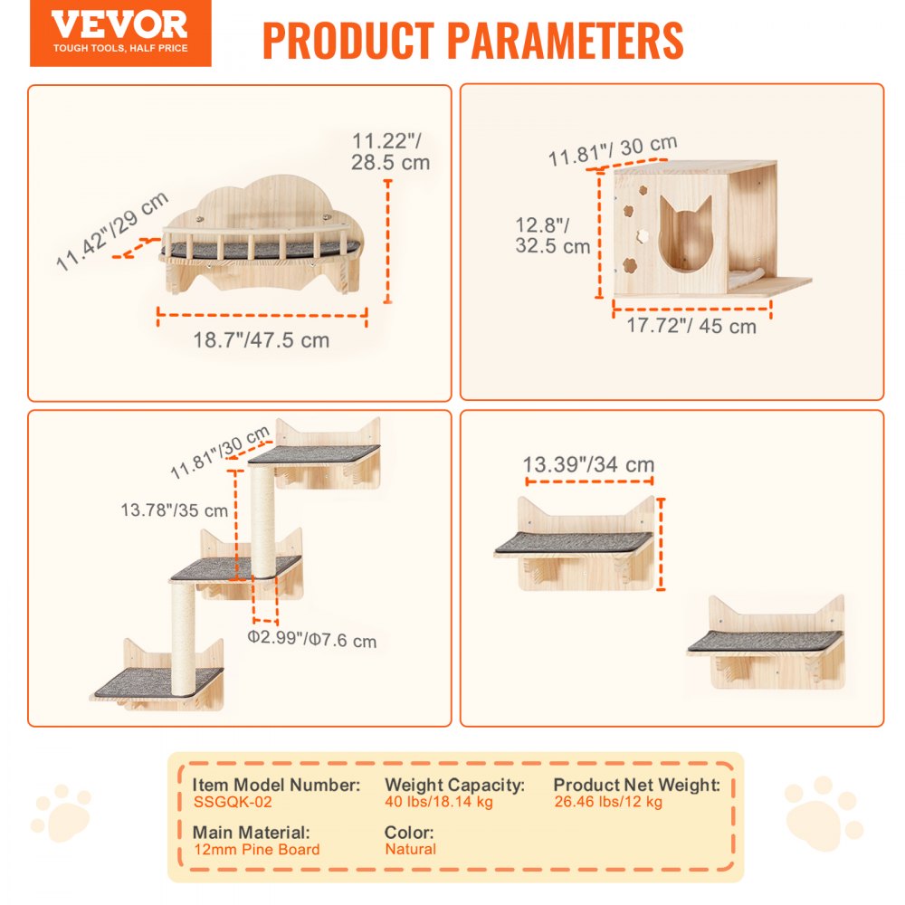 VEVOR Wall Mounted Cat Shelves, Cat Wall Shelves and Perches with Jumping Boards, Nest, Barrier Board & Cat Tree, Cat Floating Furniture up to 40 lbs for Sleeping, Playing, Climbing, Set of 5