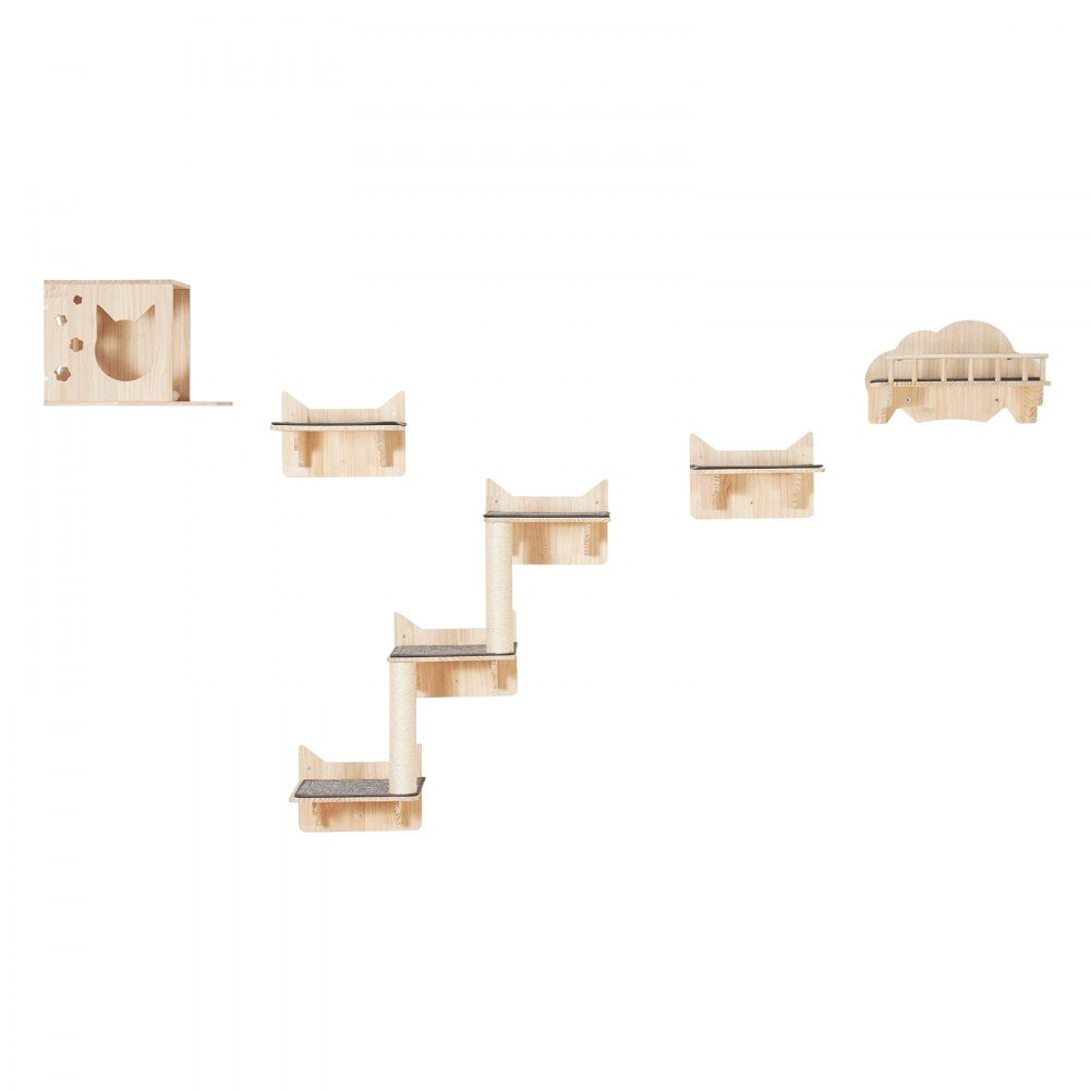 VEVOR Wall Mounted Cat Shelves, Cat Wall Shelves and Perches with Jumping Boards, Nest, Barrier Board & Cat Tree, Cat Floating Furniture up to 40 lbs for Sleeping, Playing, Climbing, Set of 5