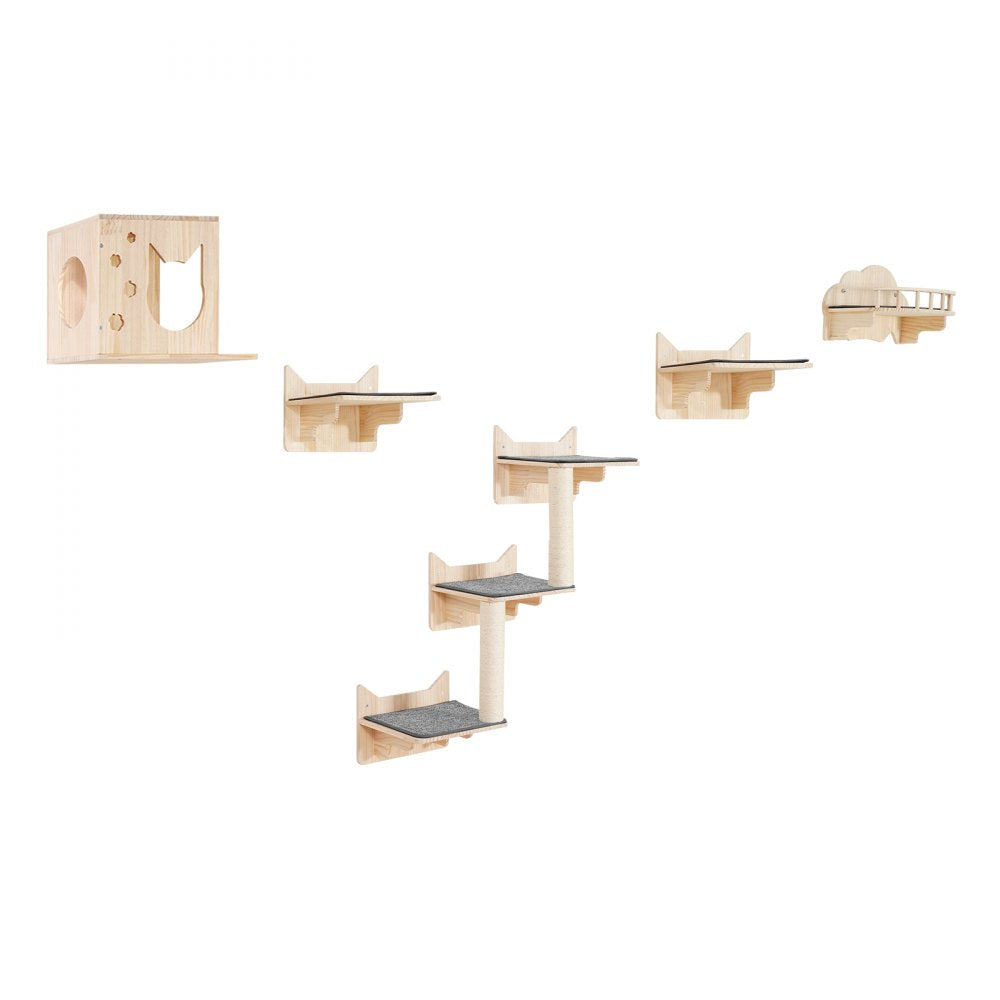 VEVOR Wall Mounted Cat Shelves, Cat Wall Shelves and Perches with Jumping Boards, Nest, Barrier Board & Cat Tree, Cat Floating Furniture up to 40 lbs for Sleeping, Playing, Climbing, Set of 5