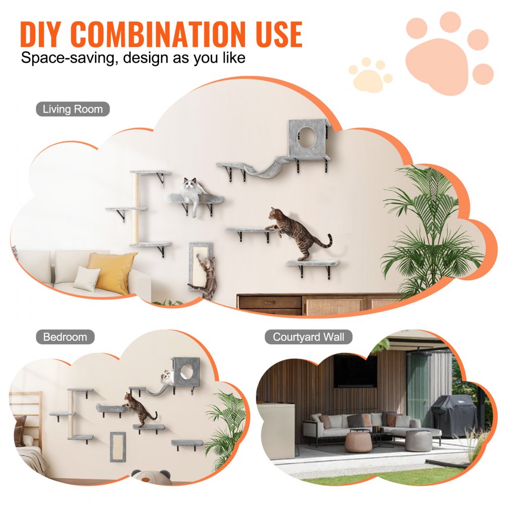 VEVOR Wall Mounted Cat Shelves, Cat Wall Shelves and Perches with Jumping Boards, Hammock, Sofa, Cat Tree & Cat Grip, Cat Furniture and Shelves up to 40 lbs for Sleeping, Playing, Climbing, Set of 6