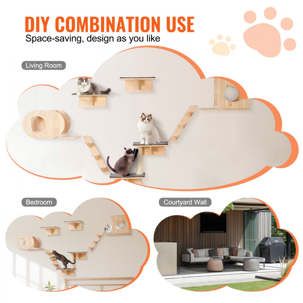 VEVOR Wall Mounted Cat Shelves, Cat Wall Shelves and Perches with Jumping Boards,  Cat Beds, Hammocks & Cat Tree, Cat Furniture and Shelves up to 40 lbs for Sleeping, Playing, Climbing, Set of 7
