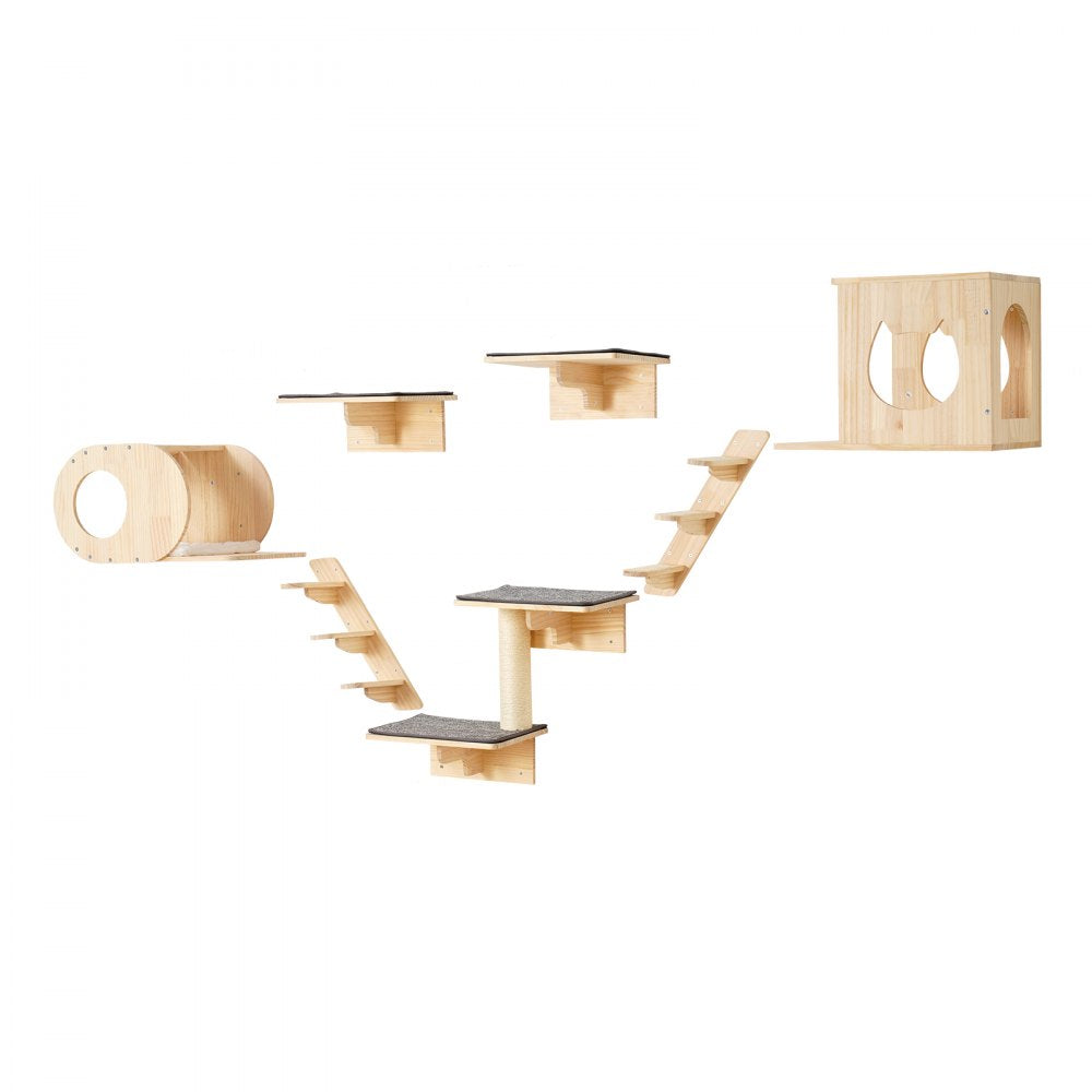 VEVOR Wall Mounted Cat Shelves, Cat Wall Shelves and Perches with Jumping Boards,  Cat Beds, Hammocks & Cat Tree, Cat Furniture and Shelves up to 40 lbs for Sleeping, Playing, Climbing, Set of 7