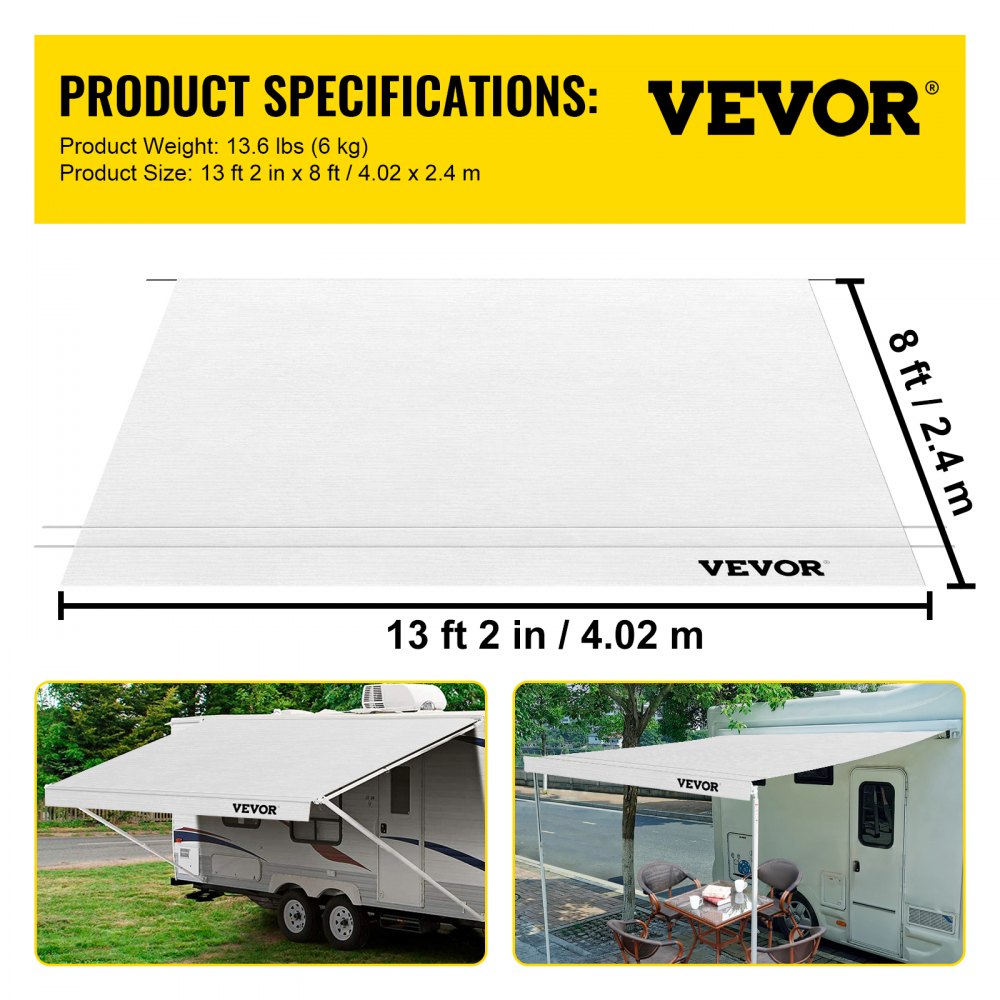 VEVOR RV Awning Fabric Replacement, 14 ft, 15oz Vinyl Waterproof Sun Shade, Outdoor Canopy RV Replacement Fabric for Camper, Trailer, and Motor Home Awnings, Fabric Size 13 ft 2 inWhite