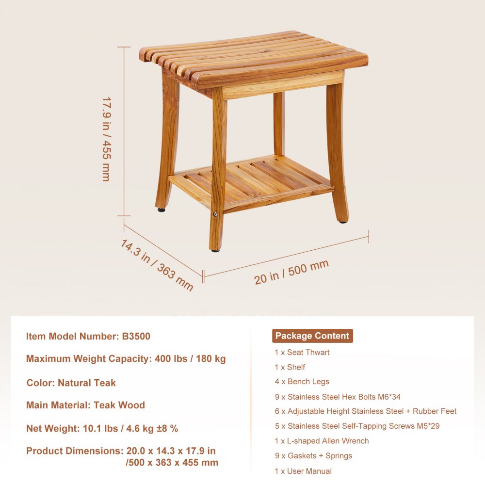 VEVOR Teak Shower Bench, 20 x 14.3 x 17.9 in, Waterproof Wood Shower Stool with Storage Shelf Non-Slip Foot Pads, 400 lbs Maximum Load Capacity Shower Chair Seat, for Bathroom Indoor and Outdoor Use